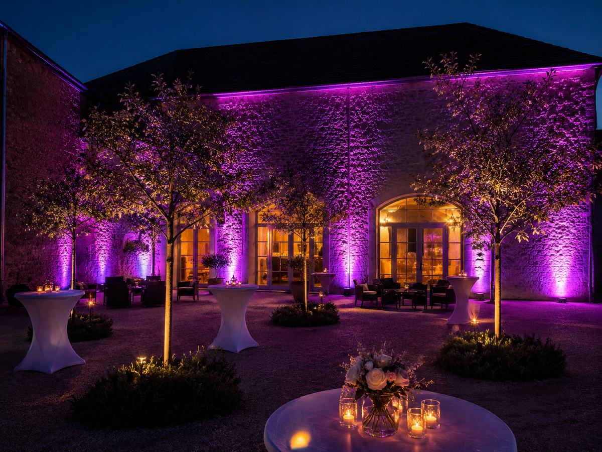 Décoration extérieure en lumière violette pour un cocktail de mariage