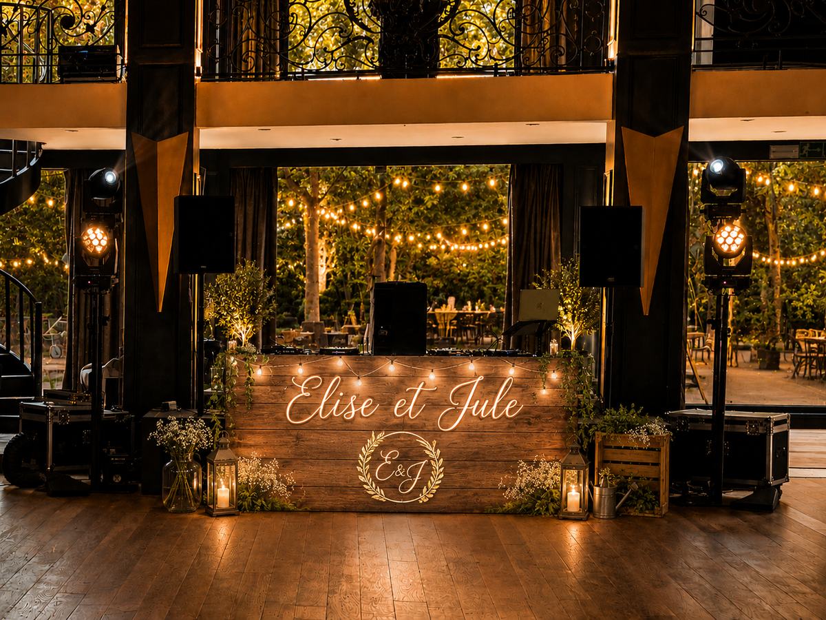 Régie DJ personnalisée aux prénoms des mariés, décor fleuri en extérieur