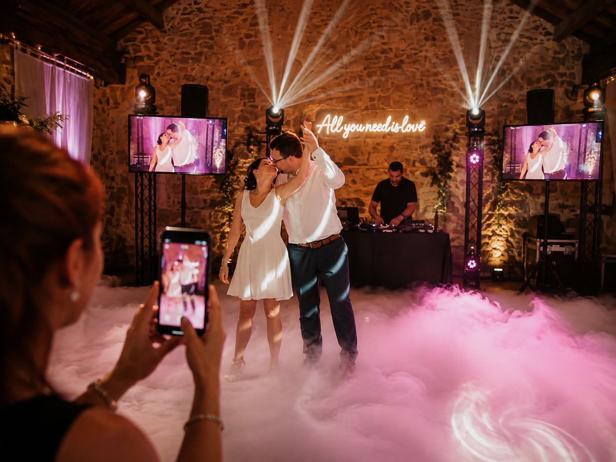 Soirée dansante avec fumée et enseigne lumineuse « All you need is love »
